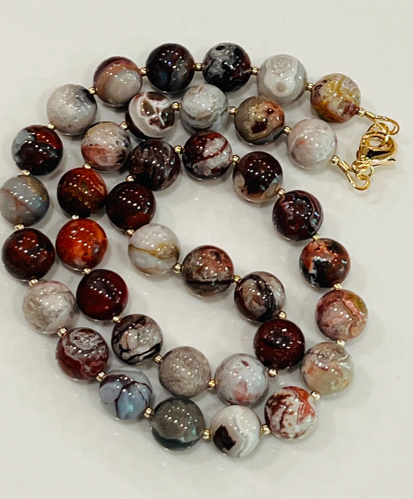 Mexican Crazy Lace Agate Beaded Necklace 18k Gold Filled Clasp/Beads 10mm Smooth Round Natural Gemstones Gorgeous Vibrant Crazy Lace Agate
