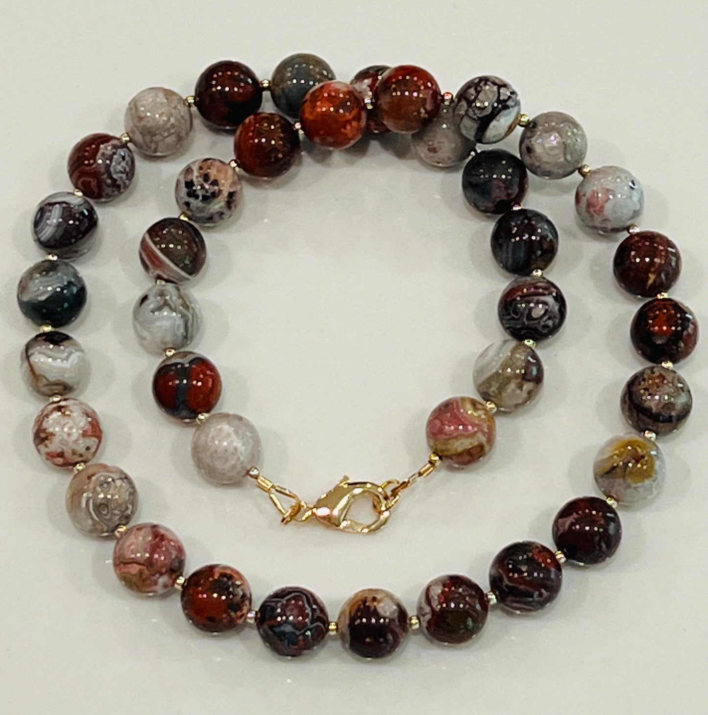 Mexican Crazy Lace Agate Beaded Necklace 18k Gold Filled Clasp/Beads 10mm Smooth Round Natural Gemstones Gorgeous Vibrant Crazy Lace Agate