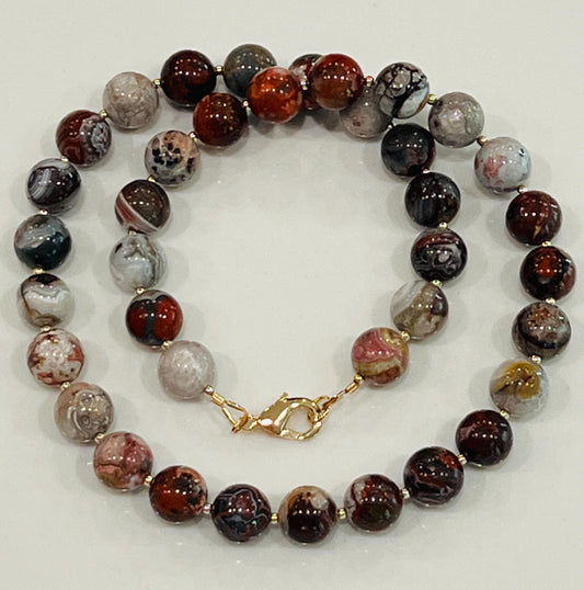 Mexican Crazy Lace Agate Beaded Necklace 18k Gold Filled Clasp/Beads 10mm Smooth Round Natural Gemstones Gorgeous Vibrant Crazy Lace Agate