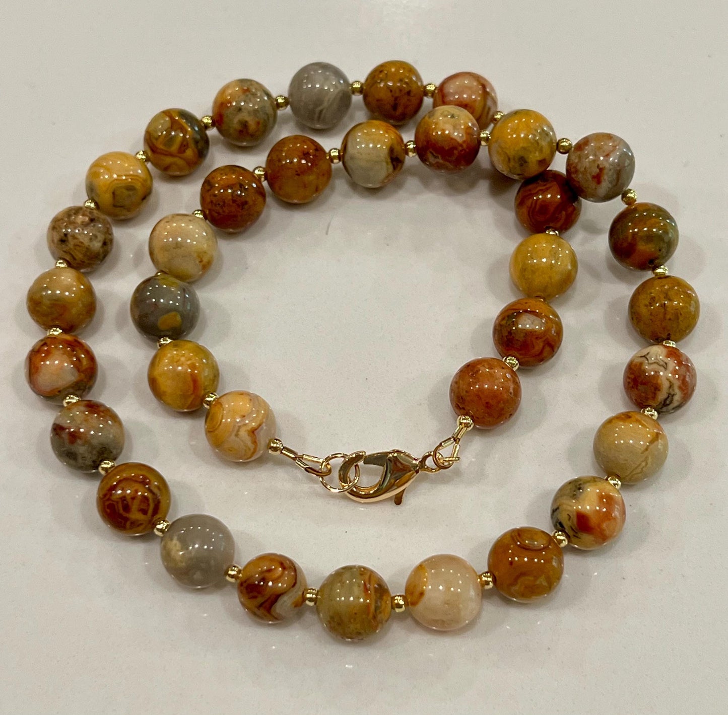 Crazy Lace Agate Beaded Necklace 18k Gold Filled Clasp/Beads Yellow Gold Beaded Agate Necklace Gorgeous Vibrant Necklace 10mm Smooth Stones