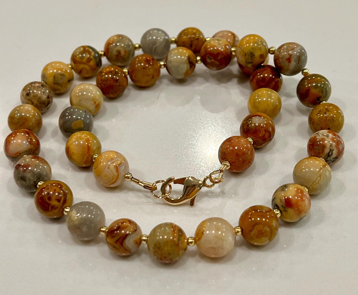 Crazy Lace Agate Beaded Necklace 18k Gold Filled Clasp/Beads Yellow Gold Beaded Agate Necklace Gorgeous Vibrant Necklace 10mm Smooth Stones