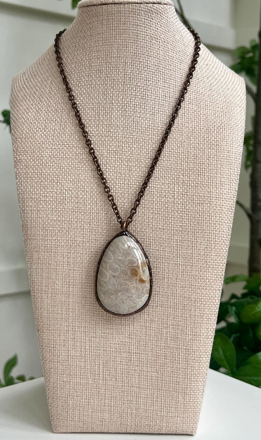 Antique Bronze Textured Cable Chain with Large Fossil Coral Pendant Necklace Drop Pendant Statement Necklace Large Stone Pendant Necklace