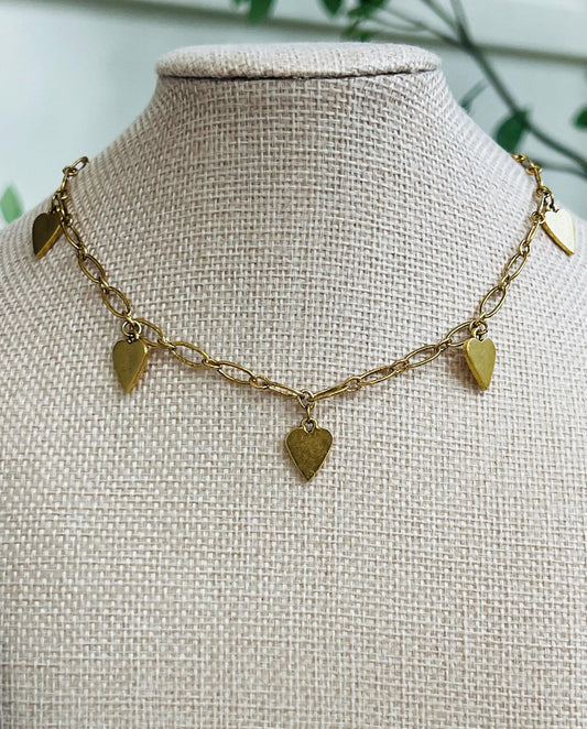 Dainty Gold Oval Link Chain Dangle Necklace with Heart Tags Non-Tarnish Gold Plated Pewter on Adjustable Length Gold Textured Chain Necklace