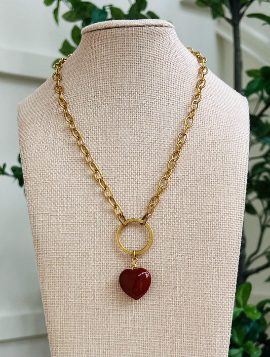 Gold Textured Cable Pendant Drop Necklace with Red Jasper Heart Pendant Gorgeous Layering Statement Necklace Gold Circle Drop Necklace