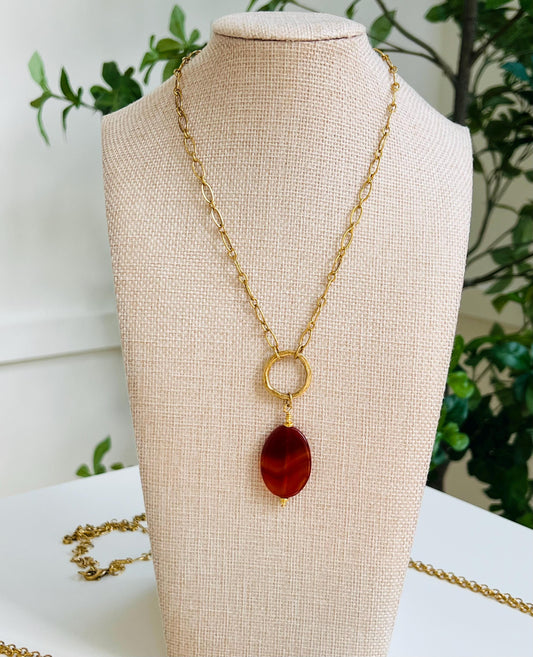 Dainty Gold Oval Link Chain with Large Carnelian Oval Pendant Necklace Carnelian Gorgeous Layering Statement Necklace Gold Drop Necklace