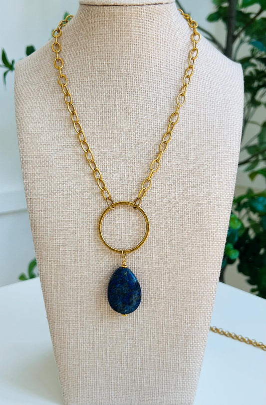 Gold Textured Cable Pendant Drop Necklace with Lapis Gemstone Pendant Layering Statement Necklace Blue Lapis Lazuli Drop Necklace