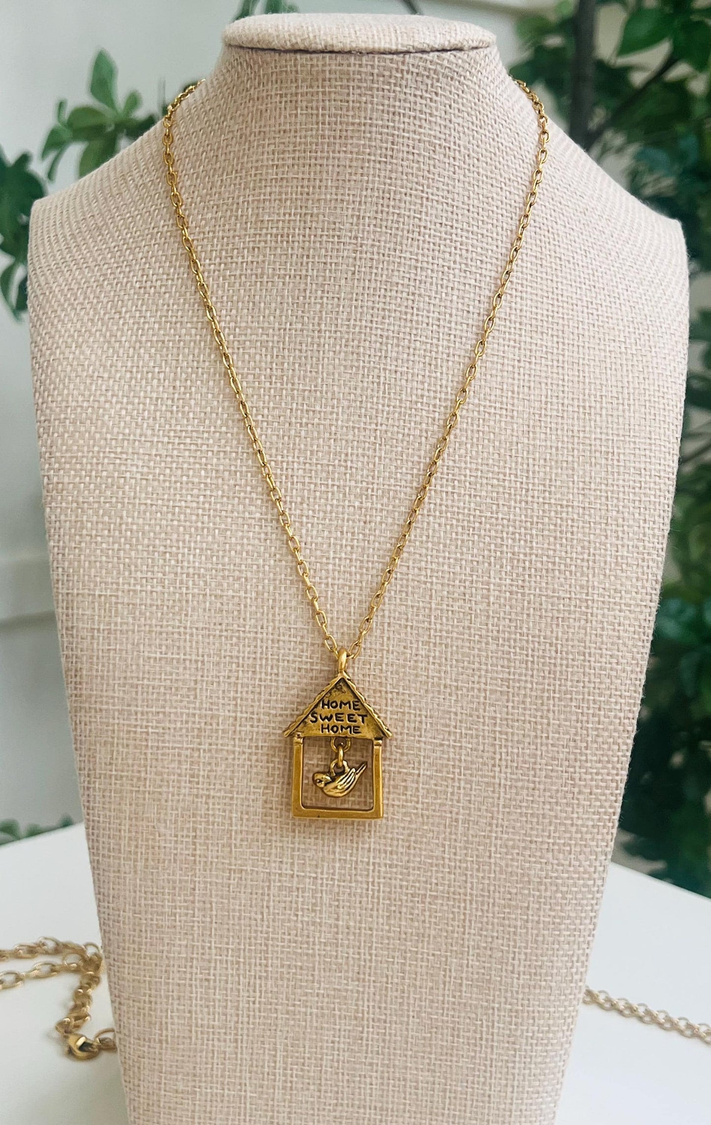 Gold Delicate Paperclip Layering Necklace with Home Sweet Home Bird House Pendant Gorgeous Layering Statement Necklace Green Girl Studios