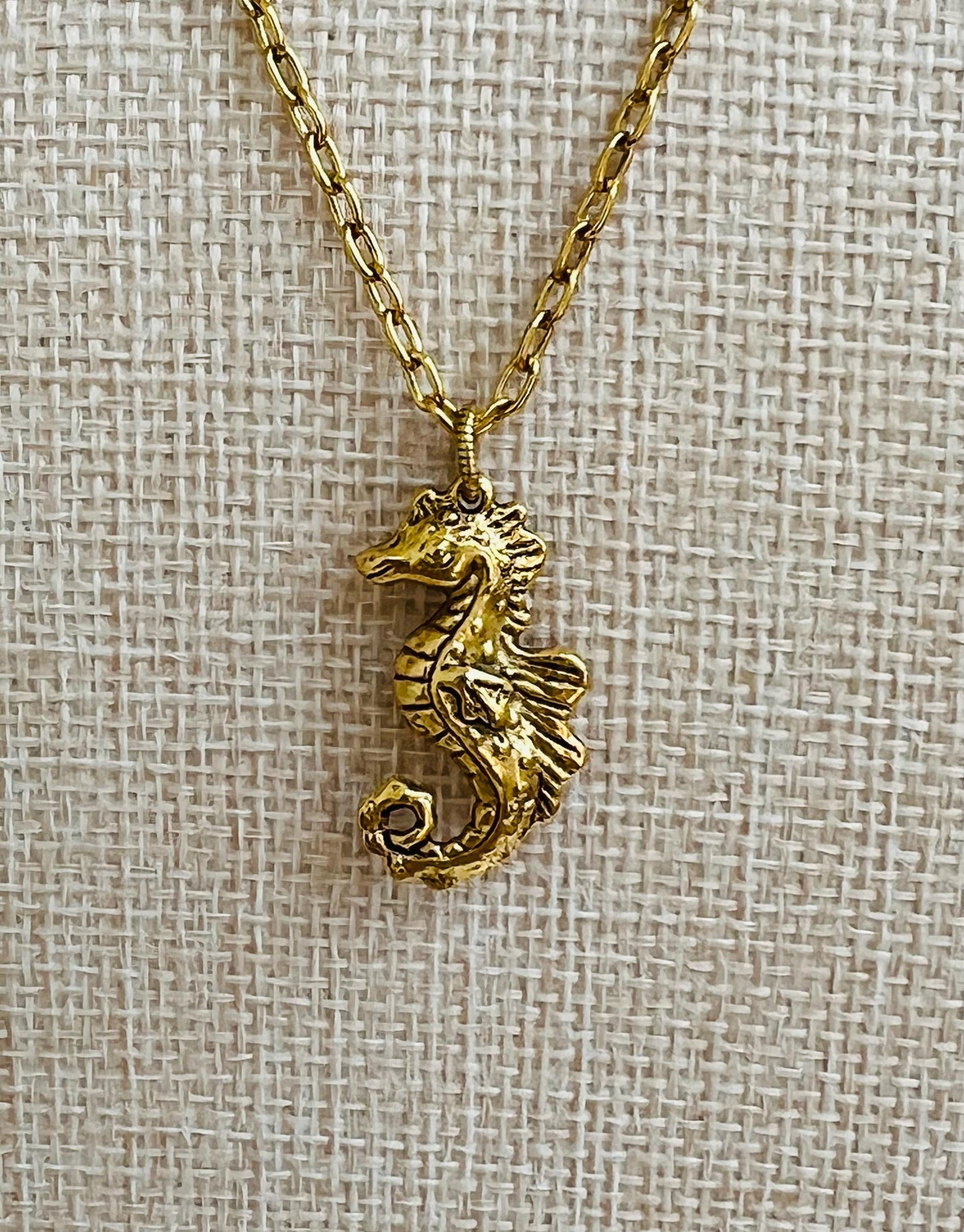 Gold Delicate Paperclip Layering Necklace with Seahorse Pendant Gorgeous Layering Statement Sea Creature Necklace Green Girl Studios