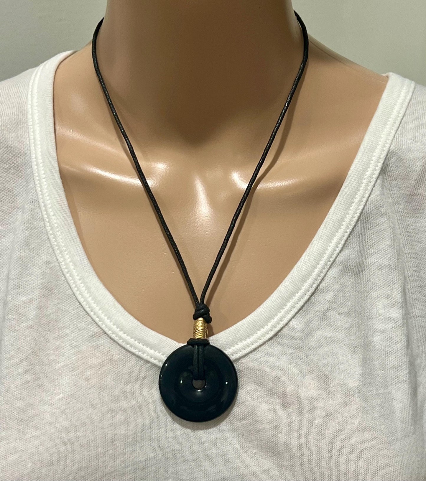 Black Onyx Donut Bead Necklace 40mm Gorgeous Onyx Statement Pendant Necklace Layering Necklace Semi-Precious Natural Gemstones