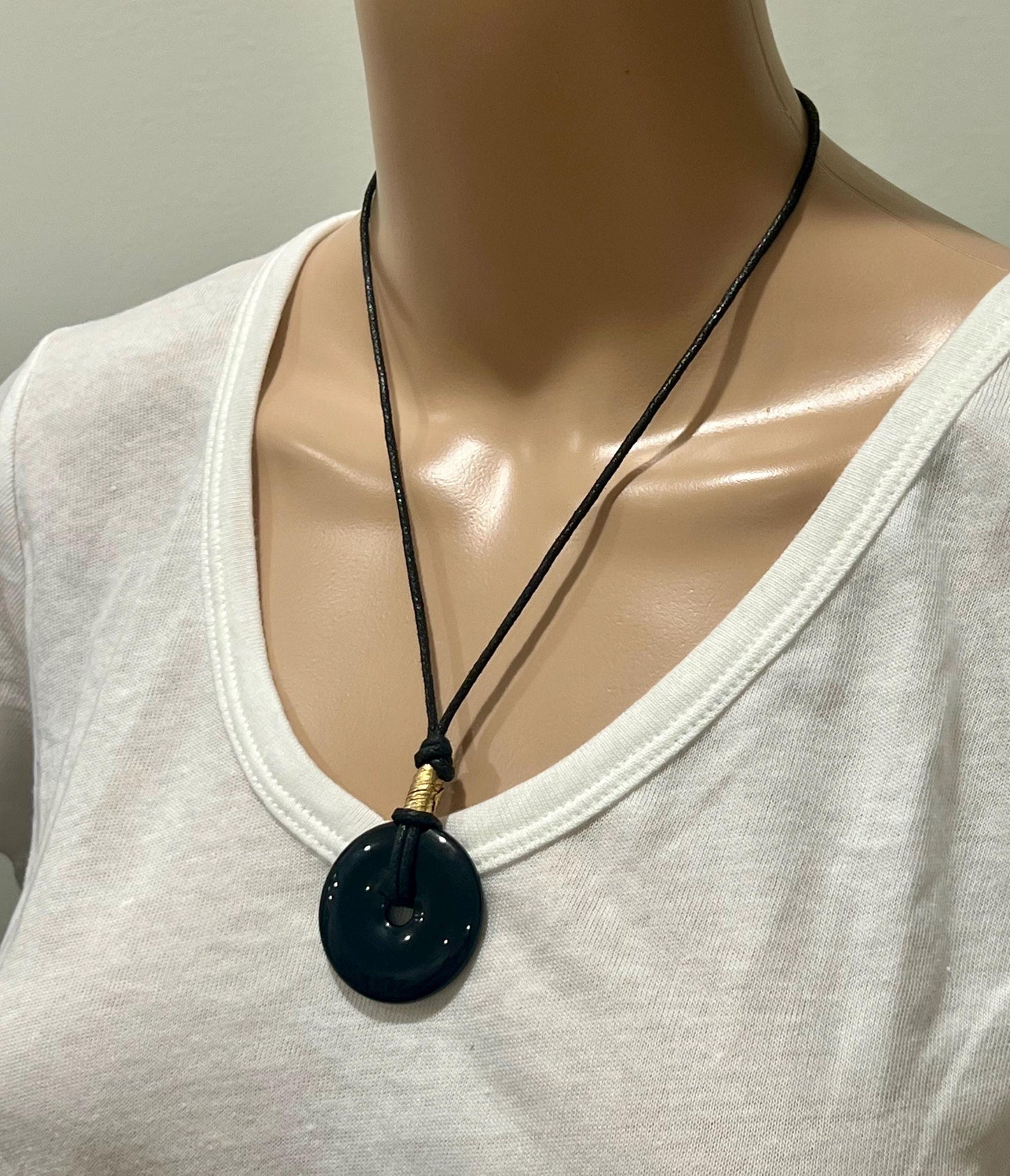 Black Onyx Donut Bead Necklace 40mm Gorgeous Onyx Statement Pendant Necklace Layering Necklace Semi-Precious Natural Gemstones