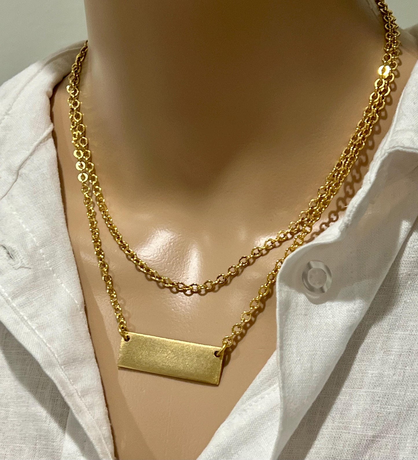 Gold Small Hammered Cable Link 2 Strand Layering Necklace with Gold Rectangular Tag Pendant Gorgeous Layering Statement Necklace