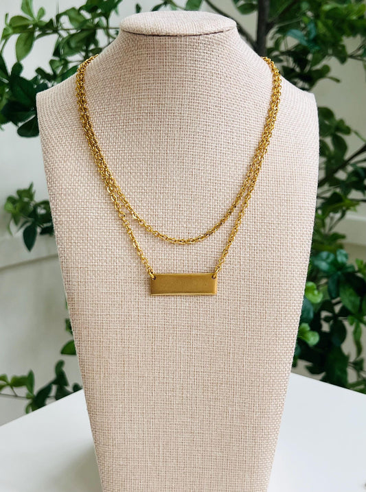 Gold Small Hammered Cable Link 2 Strand Layering Necklace with Gold Rectangular Tag Pendant Gorgeous Layering Statement Necklace