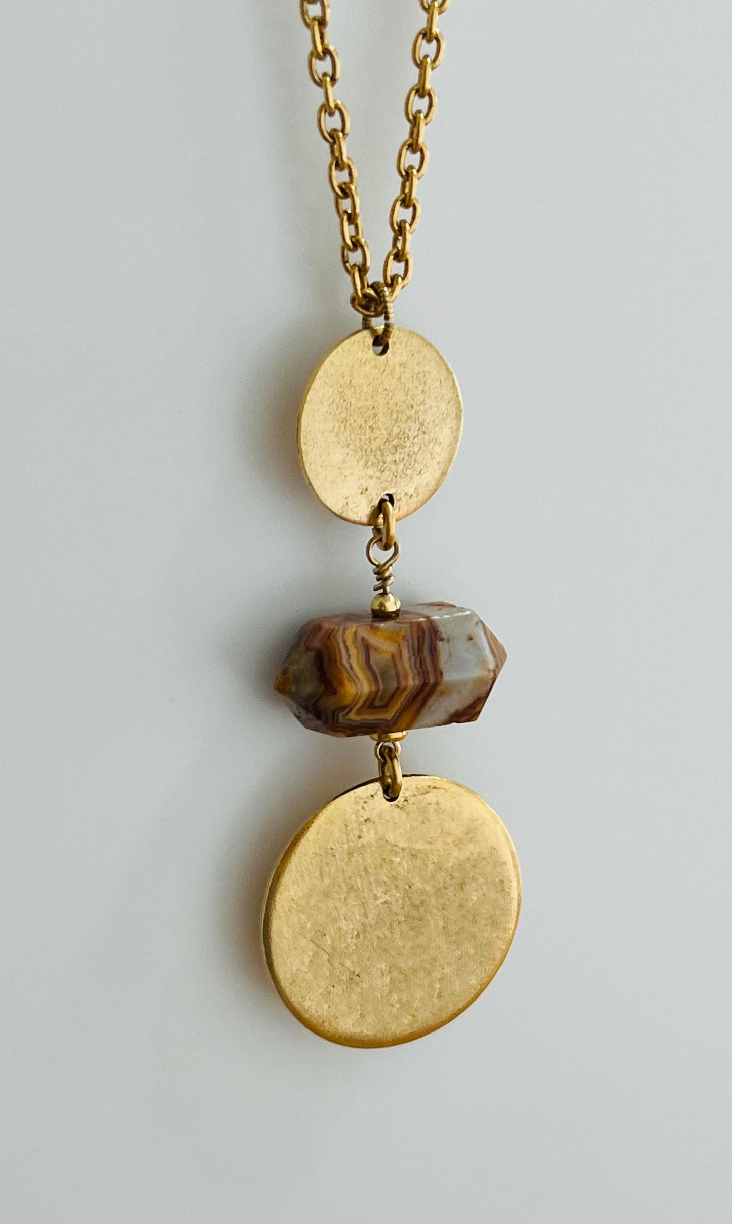 Gold Delicate Cable Chain Statement Necklace with Crazy Lace Agate and Gold Coin Pendant Statement Double Point Crazy Lace Stone