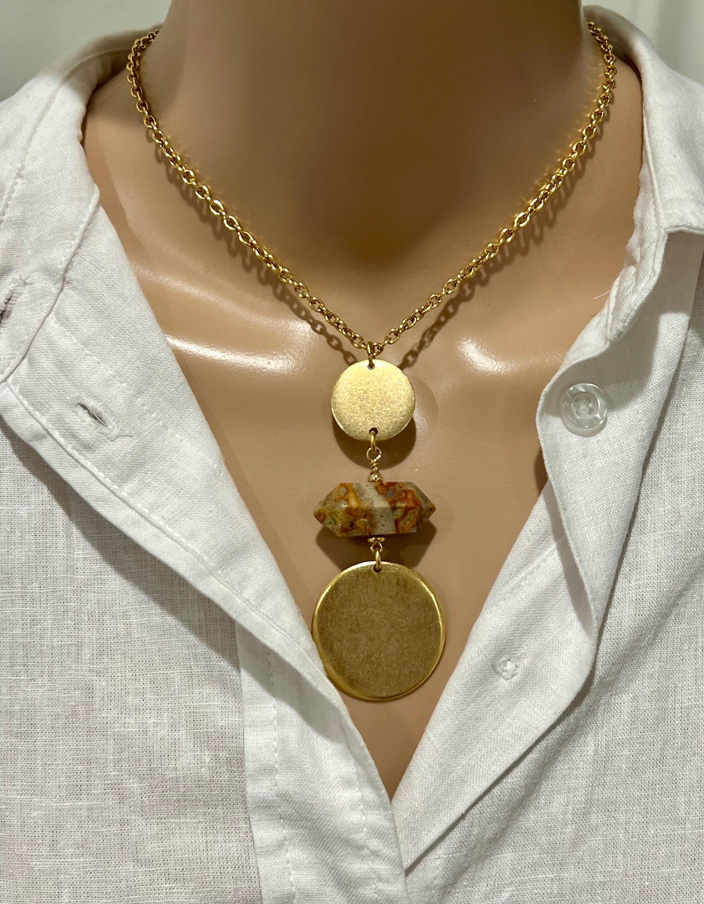Gold Delicate Cable Chain Statement Necklace with Crazy Lace Agate and Gold Coin Pendant Statement Double Point Crazy Lace Stone