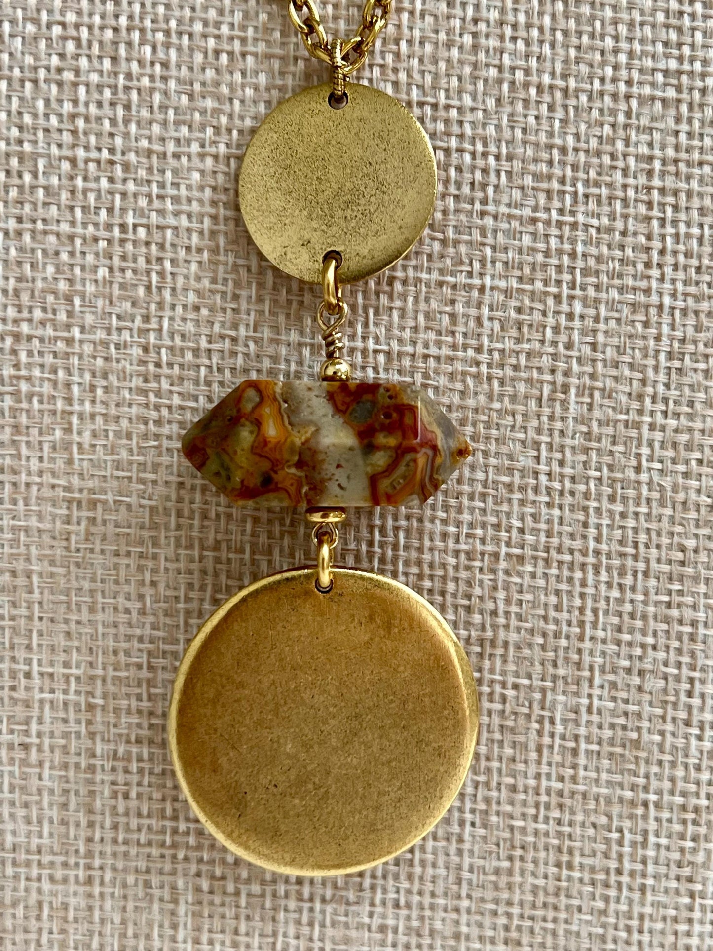 Gold Delicate Cable Chain Statement Necklace with Crazy Lace Agate and Gold Coin Pendant Statement Double Point Crazy Lace Stone