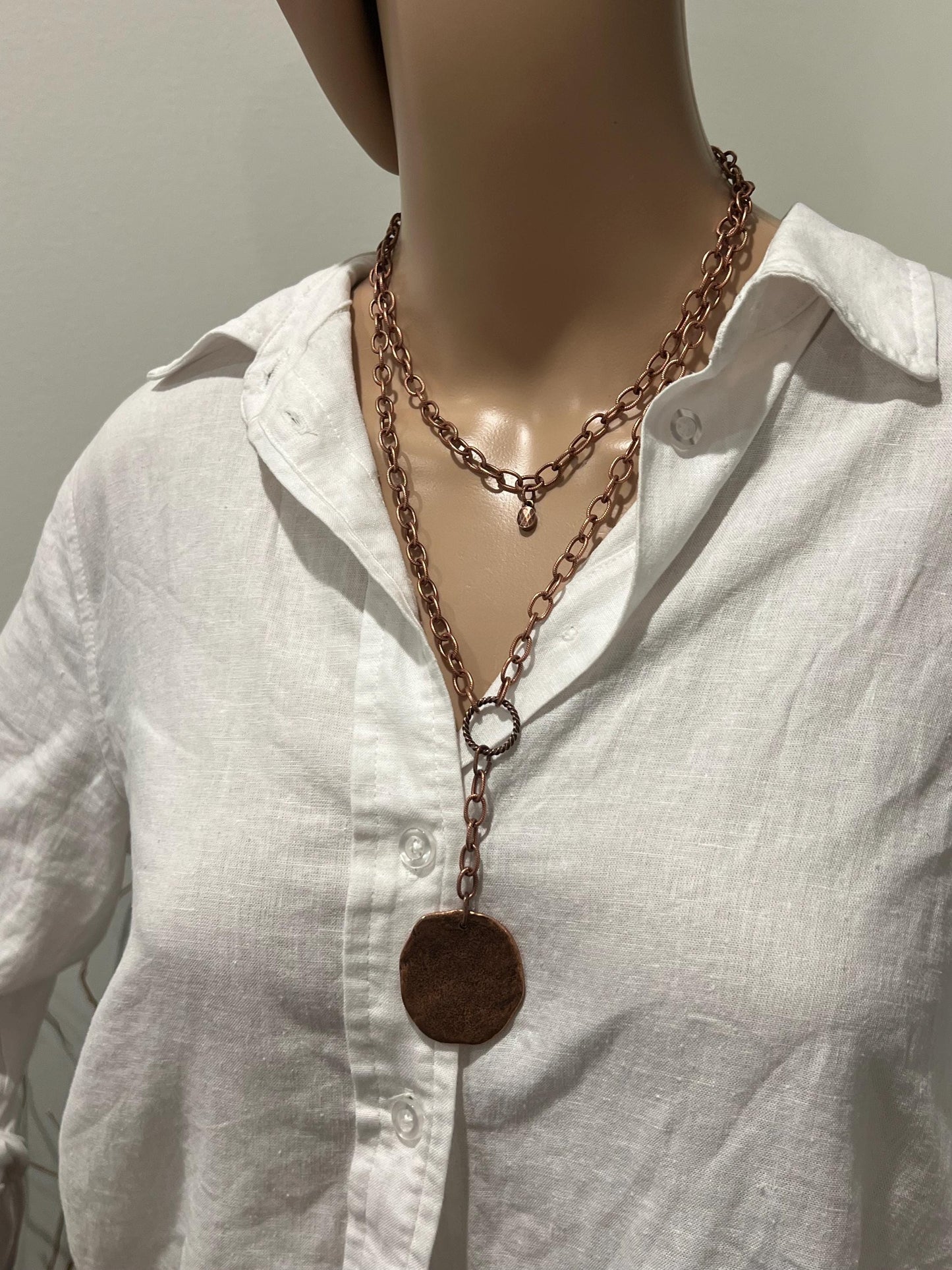 Copper Large Textured Cable Chain Double Strand Necklace with Large Organic Copper Coin Pendant Drop Gorgeous Layered Necklace