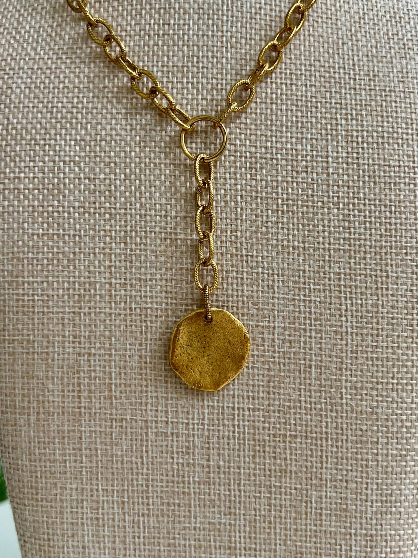 Gold Large Textured Chain Necklace with Organic Coin Pendant Drop Non-Tarnish Gold Plated Pewter Pendant Versatile Length Layering Necklace