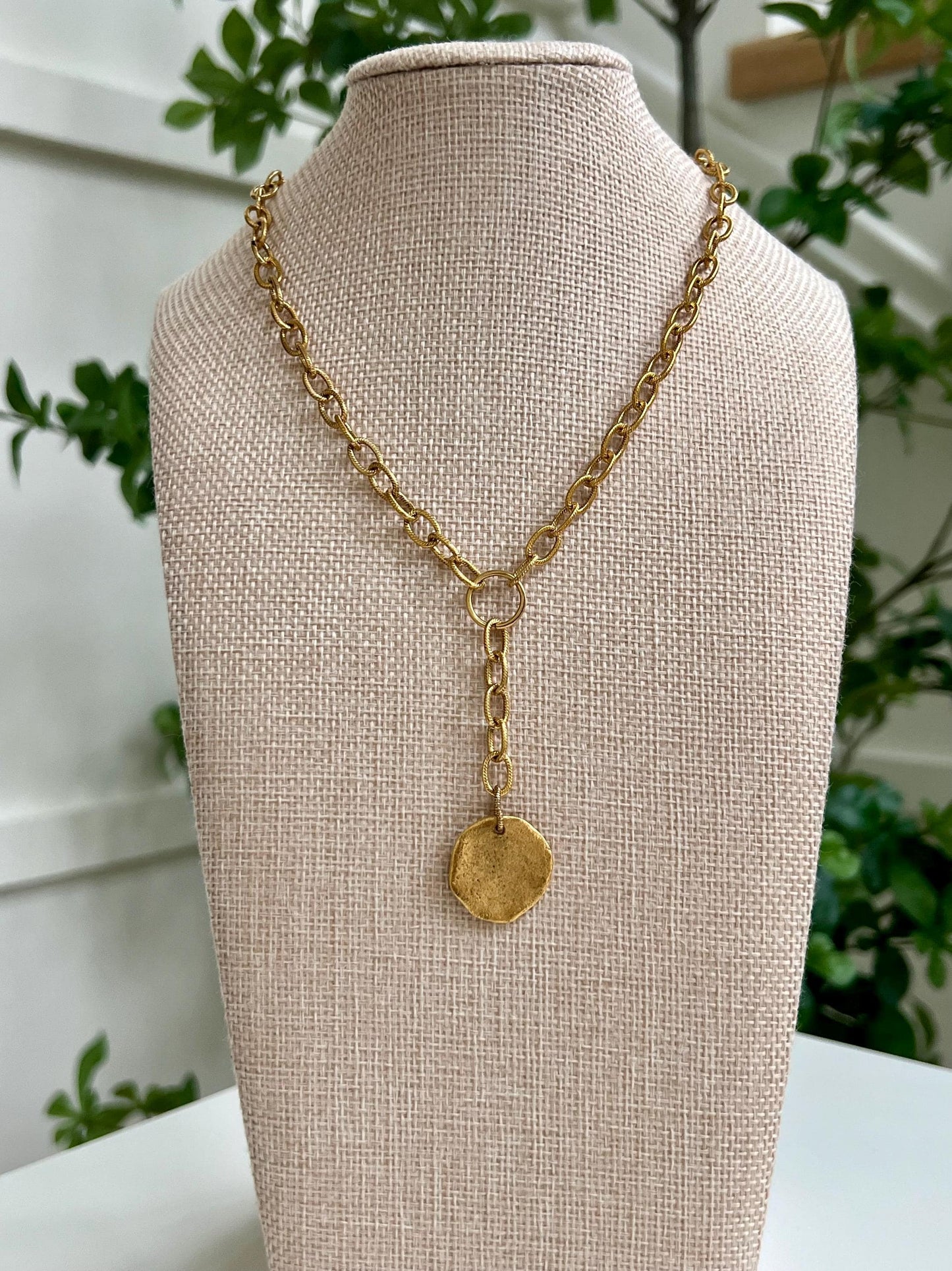 Gold Large Textured Chain Necklace with Organic Coin Pendant Drop Non-Tarnish Gold Plated Pewter Pendant Versatile Length Layering Necklace