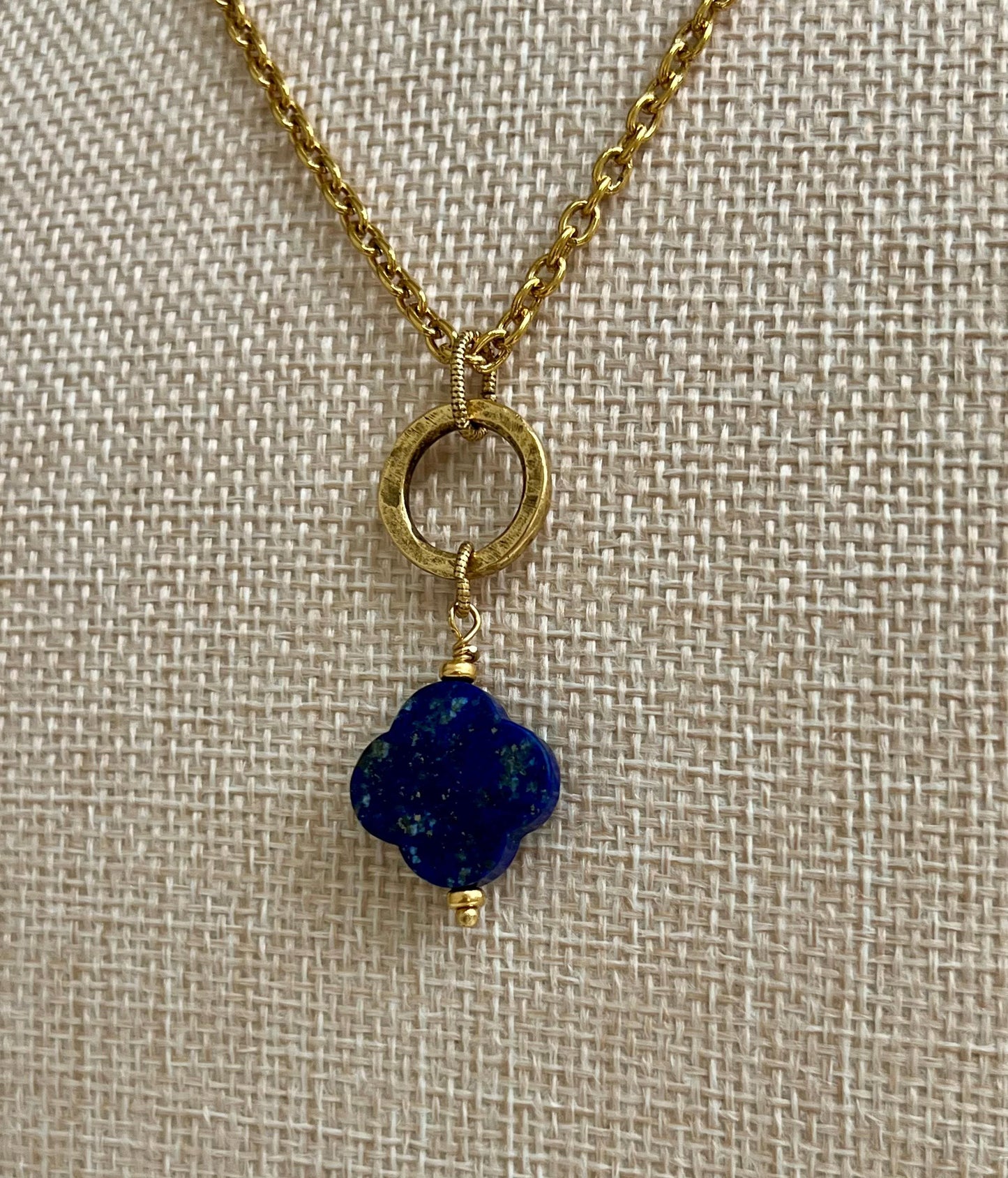 Gold Delicate Classic Cable Chain with Lapis Clover Pendant and Hoop Adjustable Length Necklace Blue and Gold Pendant Layering Necklace