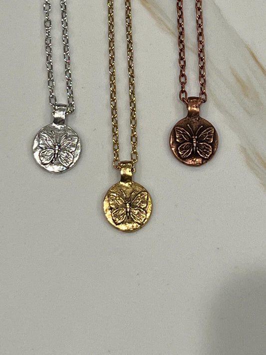 Gold, Silver, or Copper Delicate Paperclip Layering Necklace with Butterfly Coin Pendant Layering Statement Necklace Modern Necklace