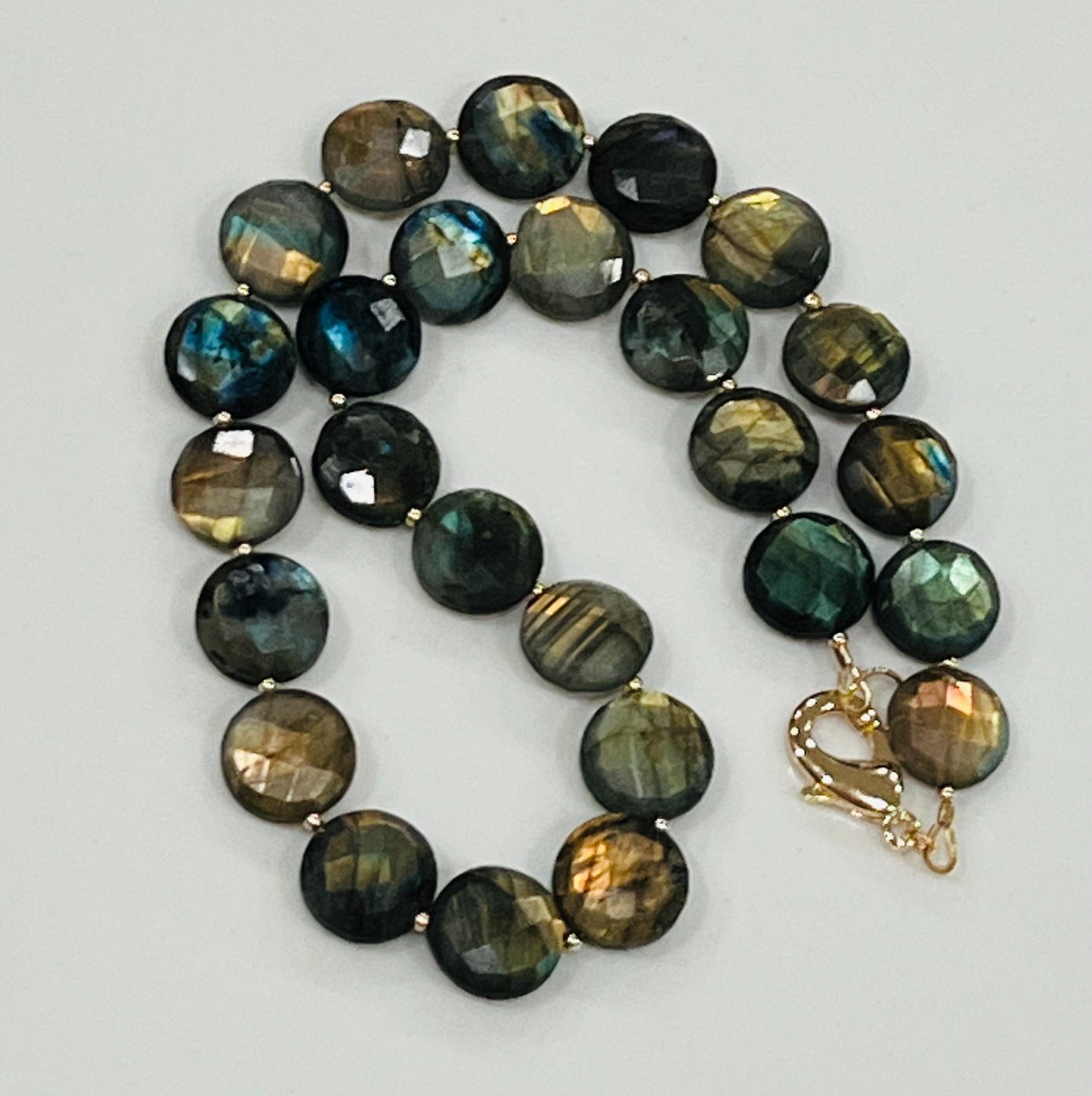 Labradorite Beaded Necklace 18k Gold Filled Clasp/Accent Beads Semi-Precious Natural Gemstone Necklace Layering 12mm Coin Faceted Stones
