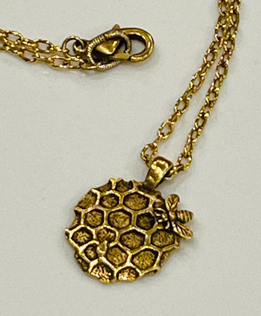 Gold Delicate Paperclip Layering Necklace with Bee Honeycomb Pendant Perfect Layering Necklace Non-tarnish Gold Plated Pewter Pendant