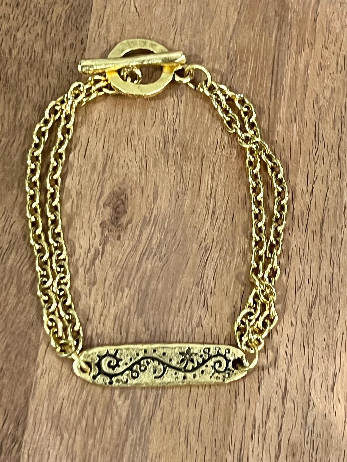 Gold Delicate Paperclip Layering Bracelet with Floral Vine Bar Pendant Gorgeous Layering Statement Bracelet Green Girl Studios Seek Wisdom