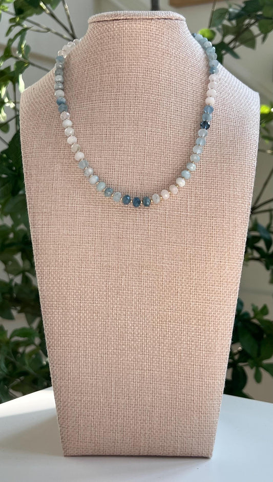 Aquamarine Beaded Necklace 18k Gold Filled Clasp 4x6mm Faceted Rondelle Aquamarine Stones Natural Aquamarine Faceted Statement Necklace