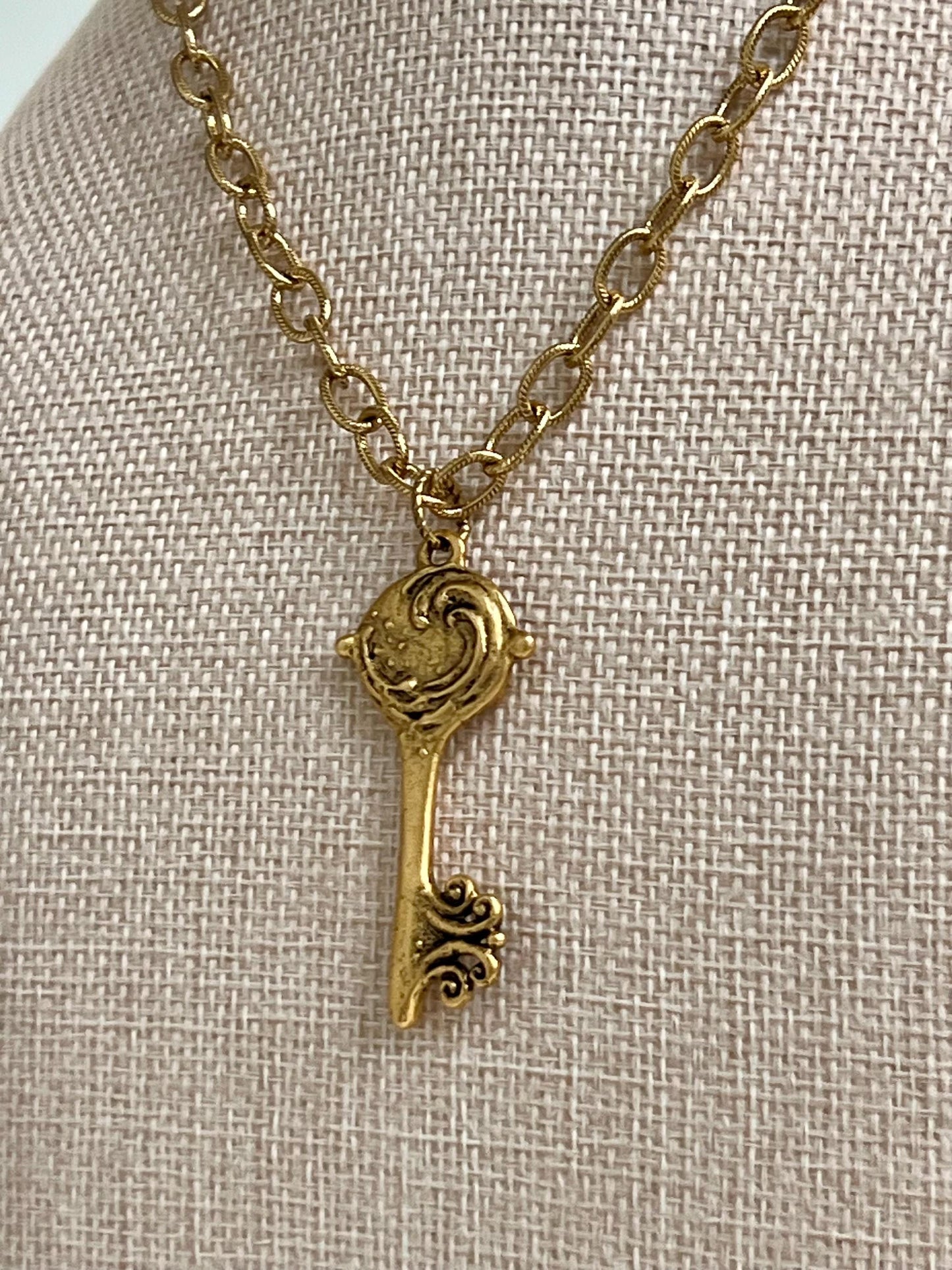 Gold Classic Textured Cable Chain Necklace with Mermaid Key Pendant  Layering Statement Necklace Whimsical Gold Necklace Green Girl Studios