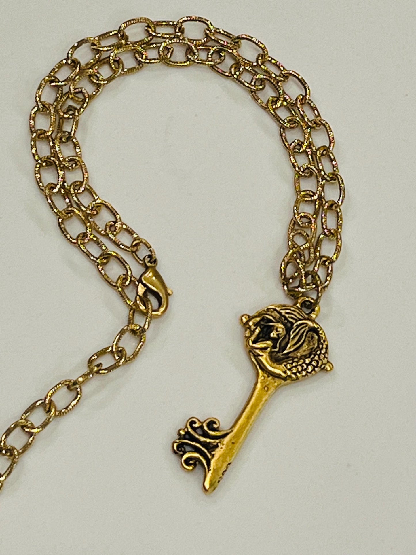 Gold Classic Textured Cable Chain Necklace with Mermaid Key Pendant  Layering Statement Necklace Whimsical Gold Necklace Green Girl Studios