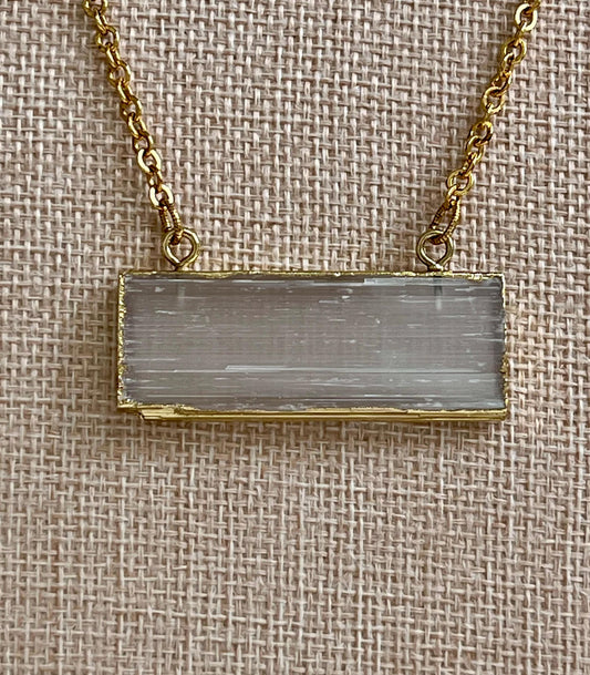 Gold Small Hammered Cable Link Selenite Layering Necklace Gold Rectangular Selenite Pendant Gorgeous Layering Statement Necklace