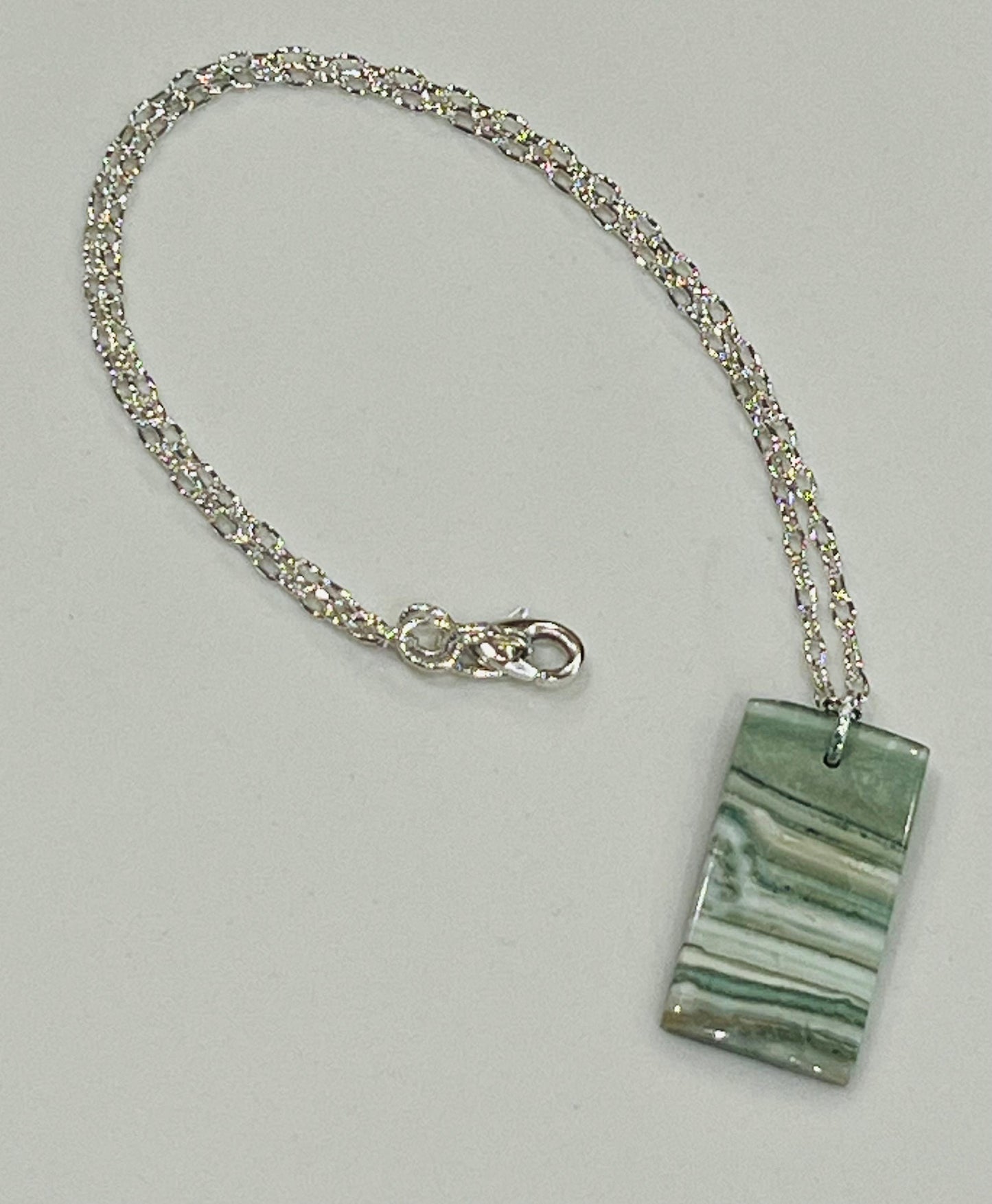 Silver Delicate Paperclip Layering Necklace Rectangle Serpentine Pendant Layering Statement Necklace Beautiful Light Green Stone Formations