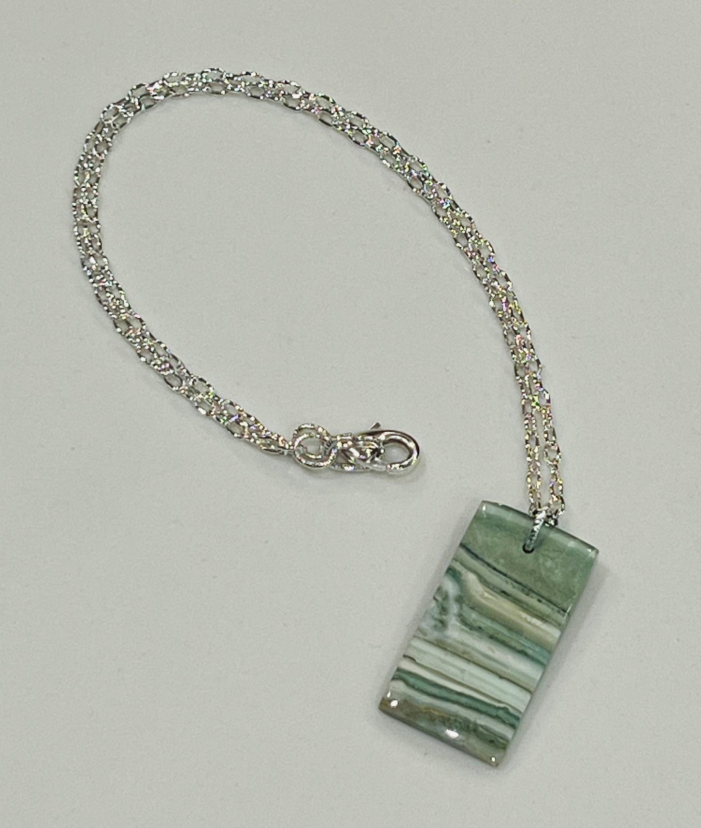 Silver Delicate Paperclip Layering Necklace Rectangle Serpentine Pendant Layering Statement Necklace Beautiful Light Green Stone Formations