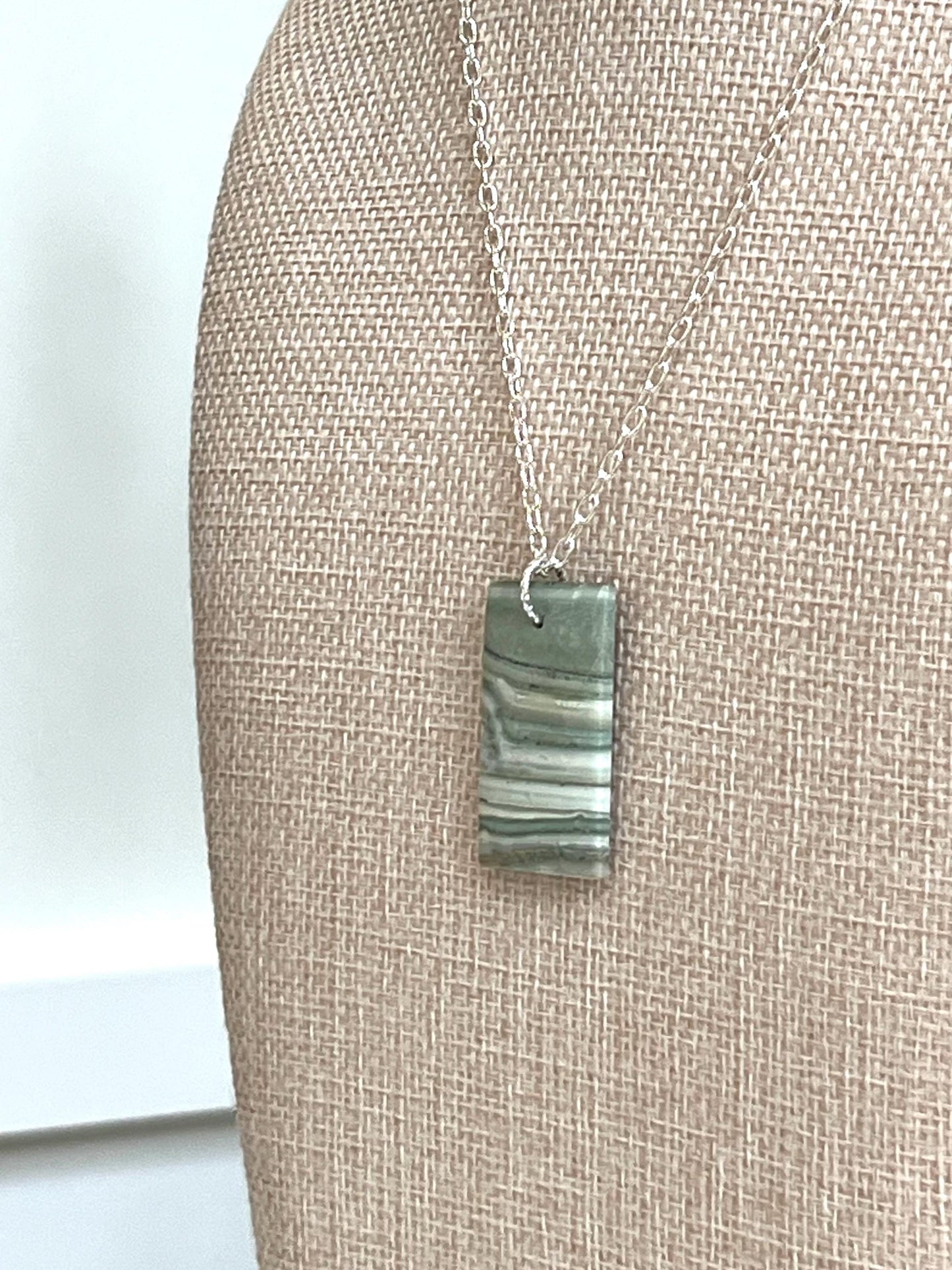 Silver Delicate Paperclip Layering Necklace Rectangle Serpentine Pendant Layering Statement Necklace Beautiful Light Green Stone Formations