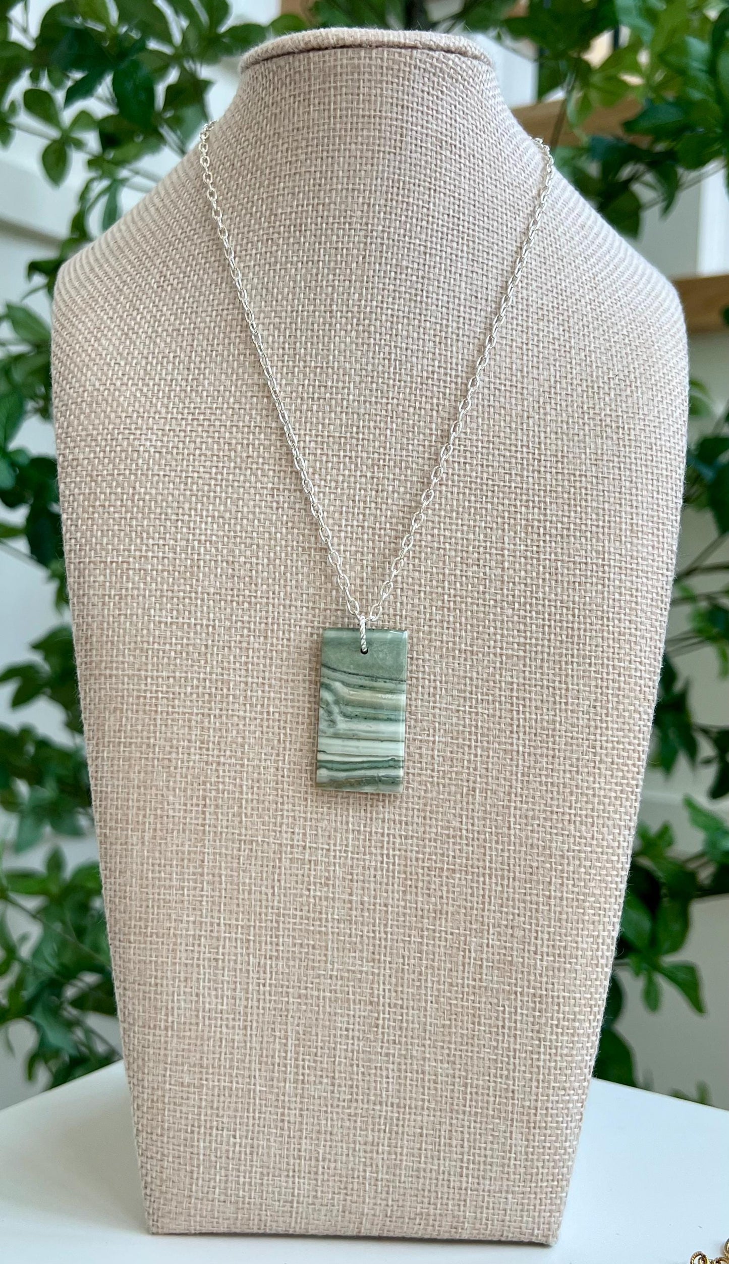 Silver Delicate Paperclip Layering Necklace Rectangle Serpentine Pendant Layering Statement Necklace Beautiful Light Green Stone Formations