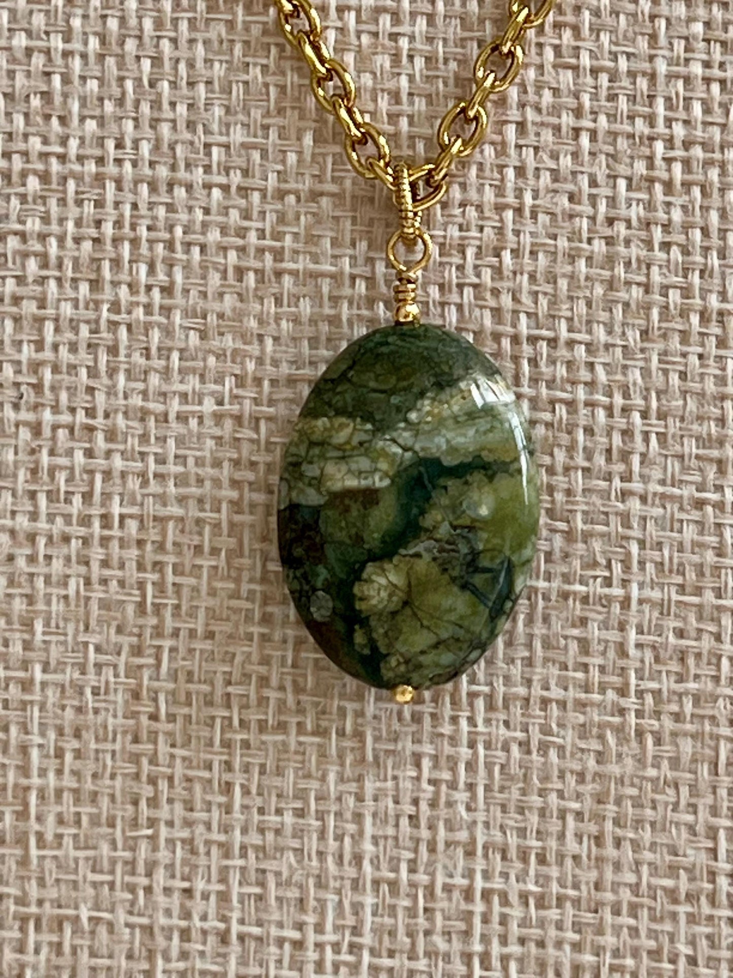 Gold Classic Cable Pendant Drop Necklace with Rhyolite Jasper Drop Pendant Statement Necklace Rainforest Jasper Pendant Layering Necklace