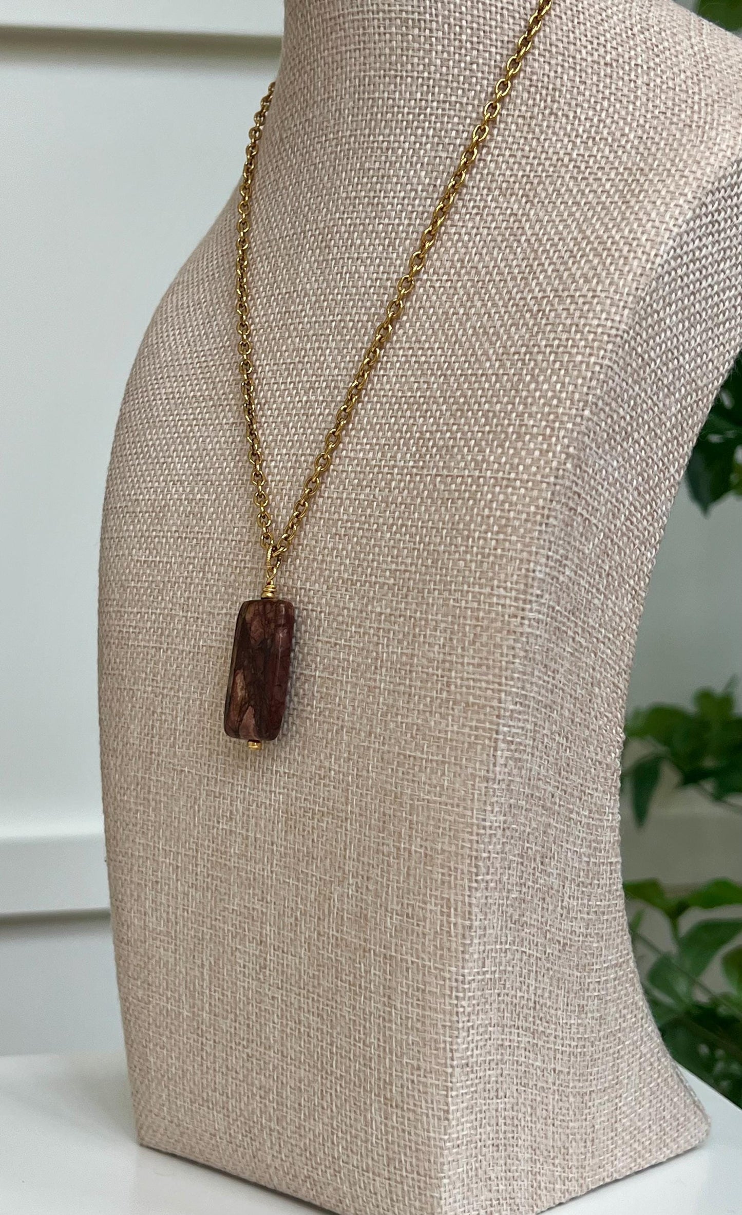 Gold Classic Cable Chain with Pendant  Red Creek Jasper Drop Pendant Statement Necklace Red Jasper Pendant Layering Necklace