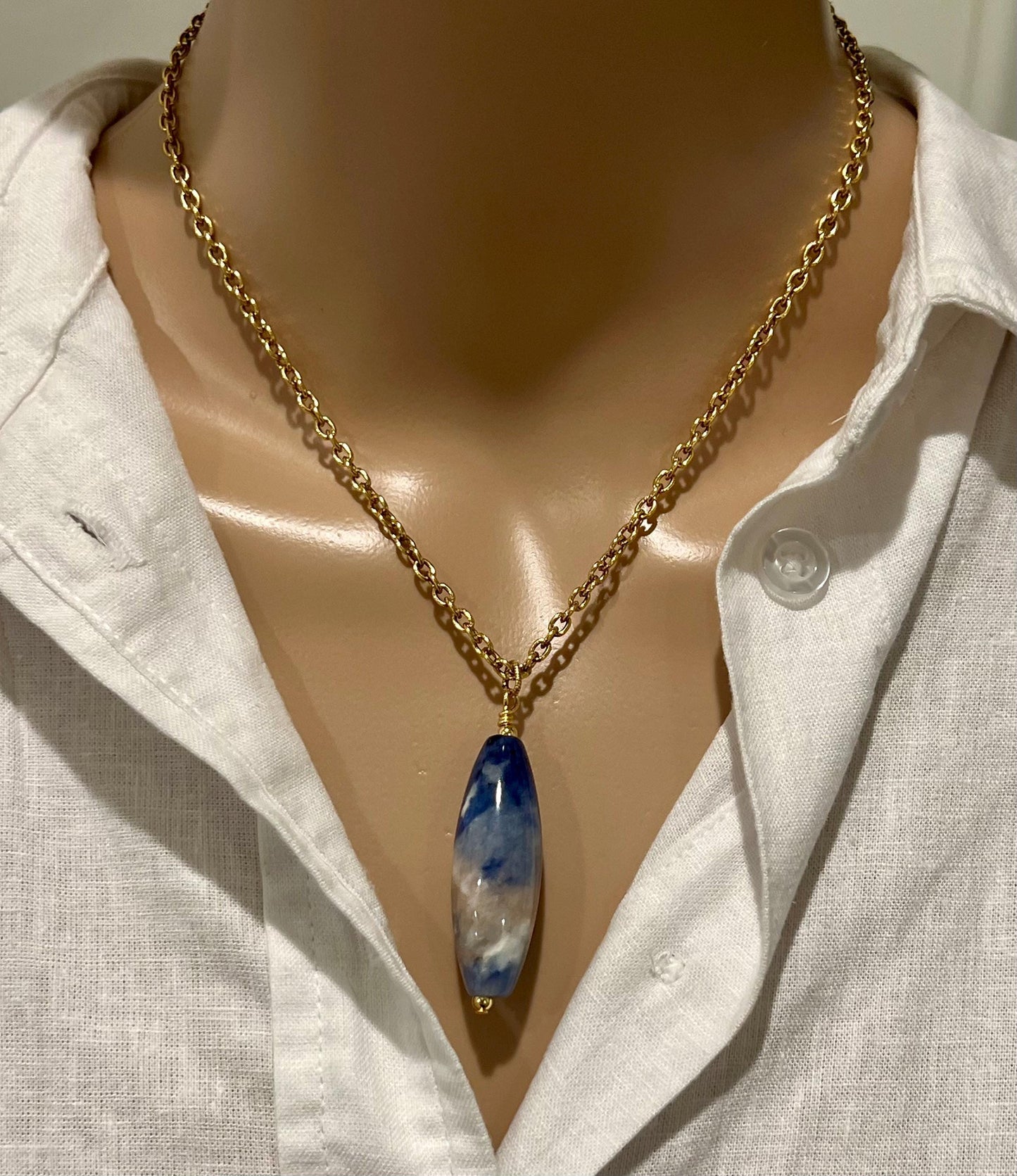 Gold Classic Cable Chain with Sodalite Drop Necklace Sodalite Drop Pendant Statement Necklace Blue Sodalite Pendant Layering Necklace