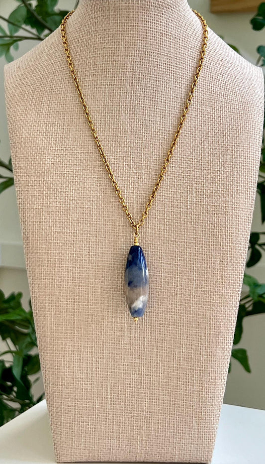 Gold Classic Cable Chain with Sodalite Drop Necklace Sodalite Drop Pendant Statement Necklace Blue Sodalite Pendant Layering Necklace