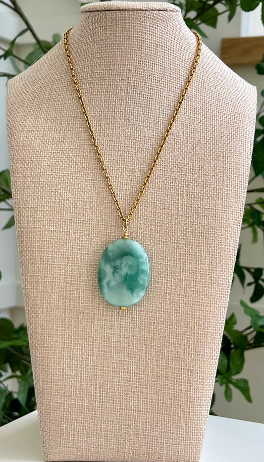 Gold Classic Cable Chain Pendant Drop Necklace with Oval Green Moonstone Drop Pendant Statement Necklace Blue Large Stone Pendant Necklace