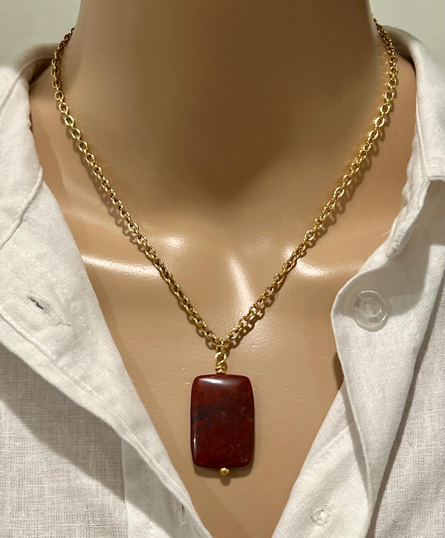 Gold Classic Cable Chain with Red Jasper Drop Rectangular Pendant Statement Necklace Red Jasper Pendant Layering Necklace