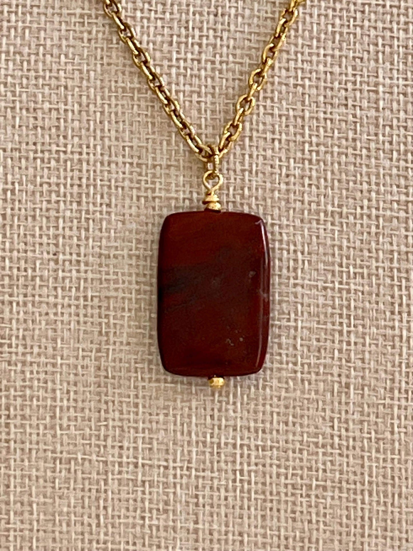 Gold Classic Cable Chain with Red Jasper Drop Rectangular Pendant Statement Necklace Red Jasper Pendant Layering Necklace