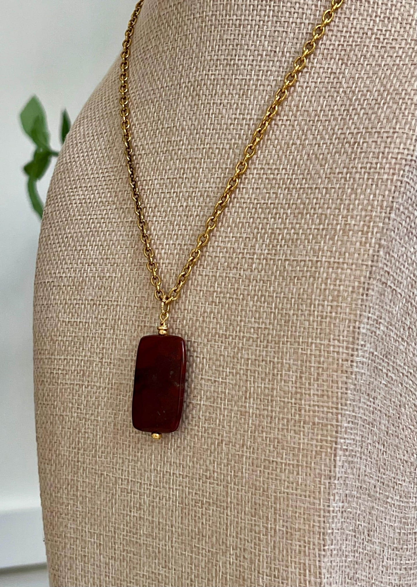 Gold Classic Cable Chain with Red Jasper Drop Rectangular Pendant Statement Necklace Red Jasper Pendant Layering Necklace