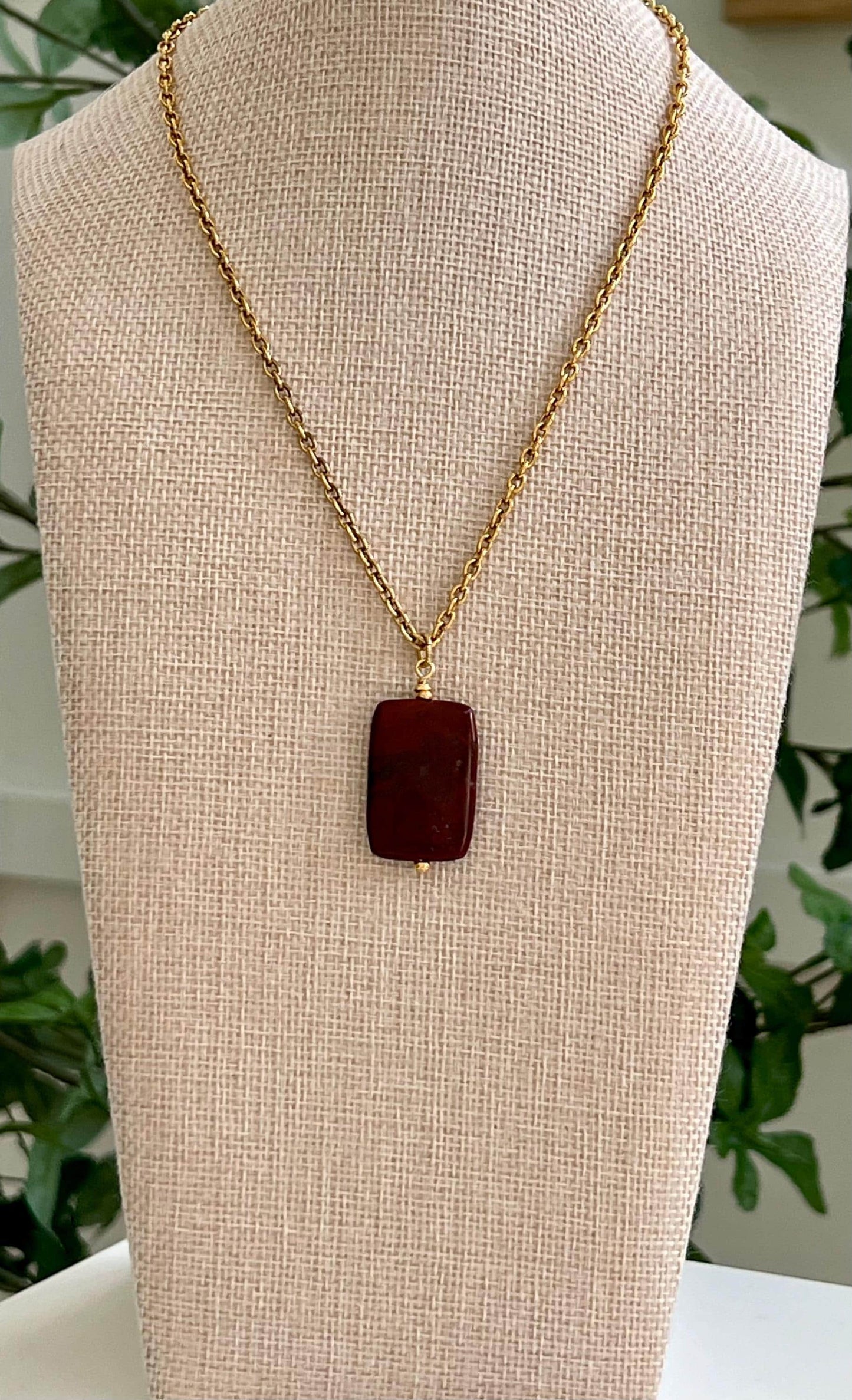 Gold Classic Cable Chain with Red Jasper Drop Rectangular Pendant Statement Necklace Red Jasper Pendant Layering Necklace