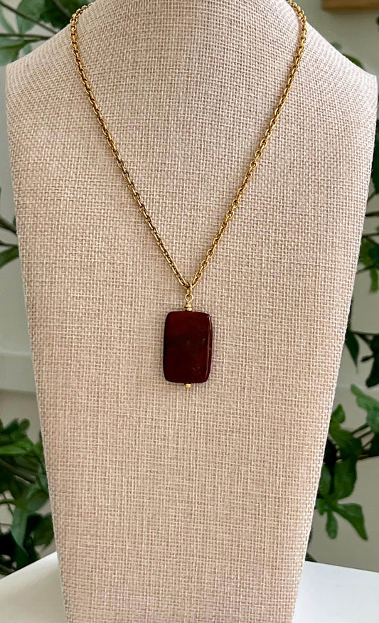 Gold Classic Cable Chain with Red Jasper Drop Rectangular Pendant Statement Necklace Red Jasper Pendant Layering Necklace