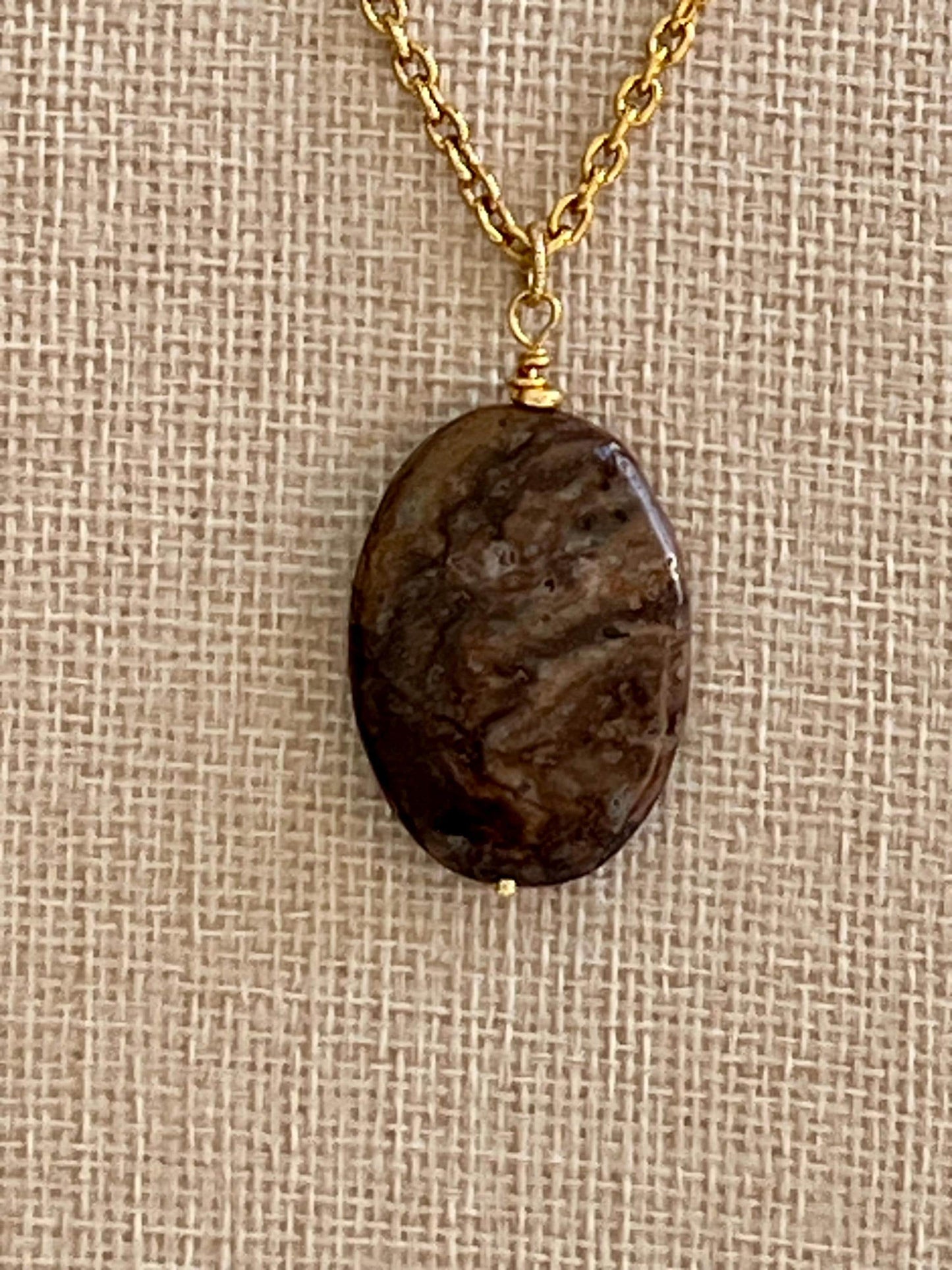Gold Classic Cable Chain with Oval Pietersite Pendant Statement Necklace Pietersite Pendant Layering Necklace Brown Stone Pendant