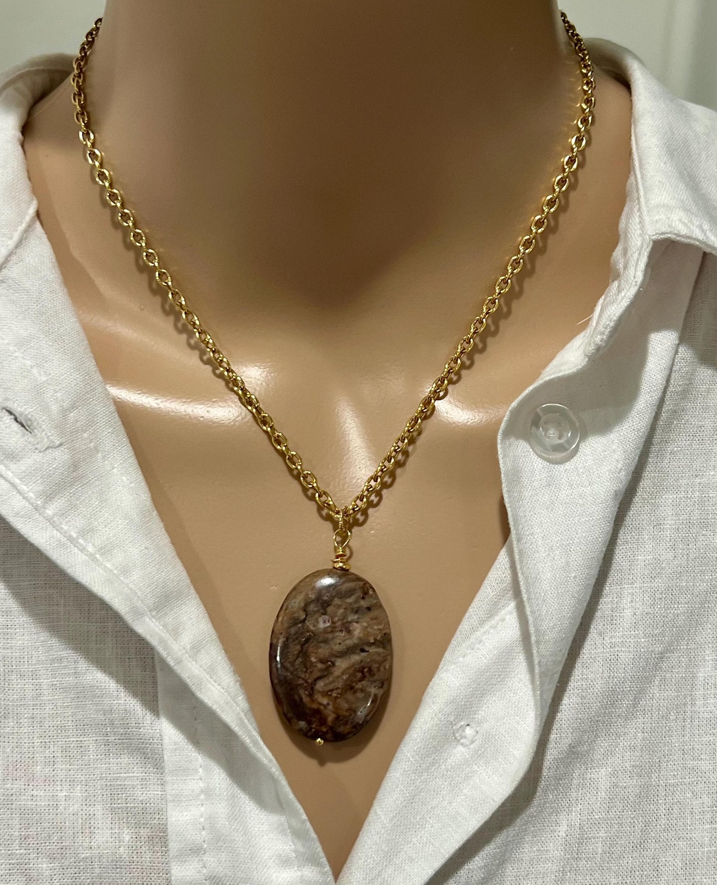 Gold Classic Cable Chain with Oval Pietersite Pendant Statement Necklace Pietersite Pendant Layering Necklace Brown Stone Pendant