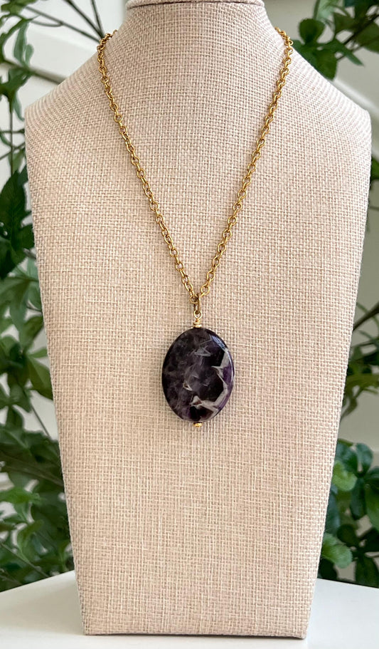 Gold Classic Textured Cable Chain Necklace with Large Chevron Amethyst Pendant  Layering Statement Necklace Purple and Gold Necklace