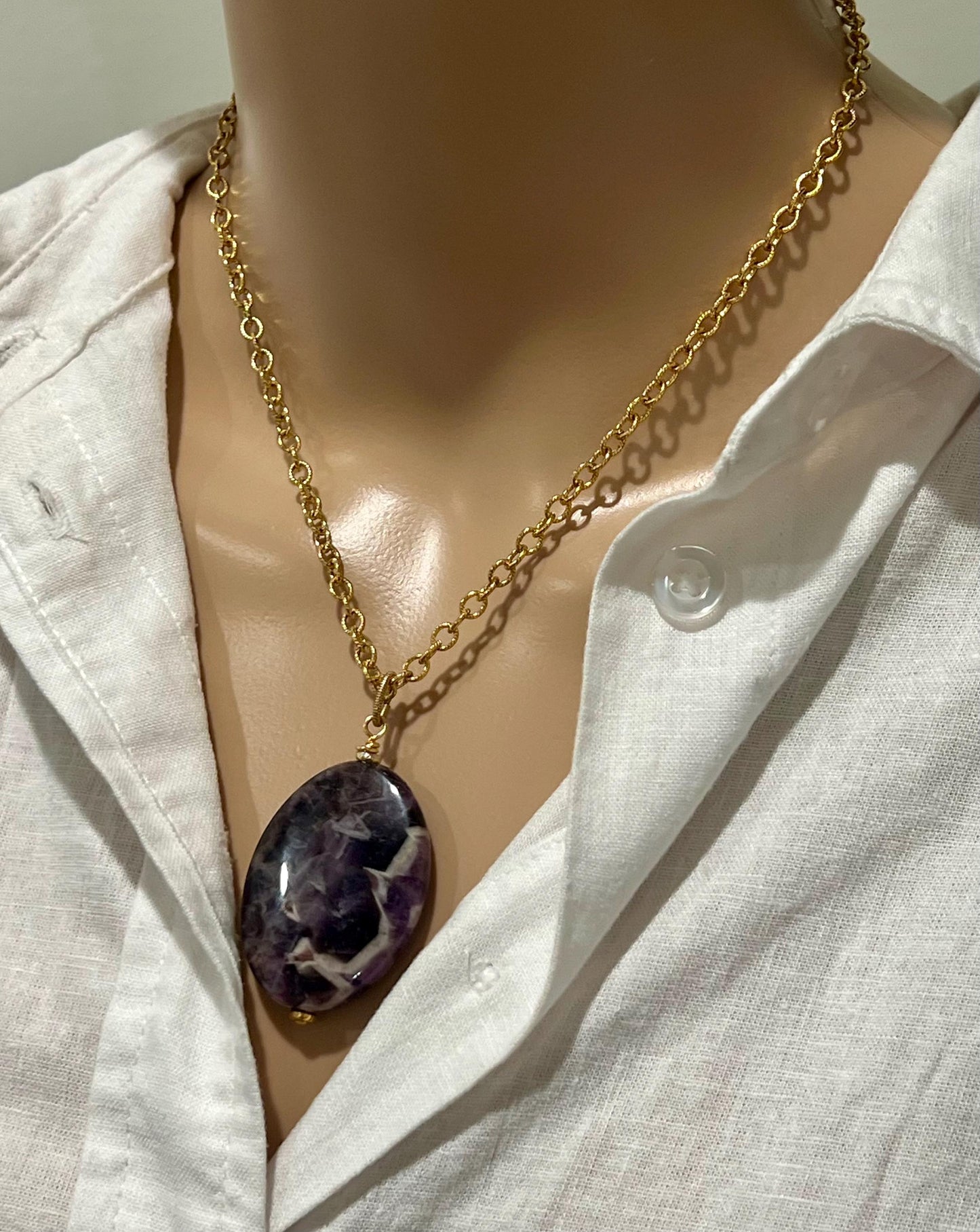 Gold Classic Textured Cable Chain Necklace with Large Chevron Amethyst Pendant  Layering Statement Necklace Purple and Gold Necklace