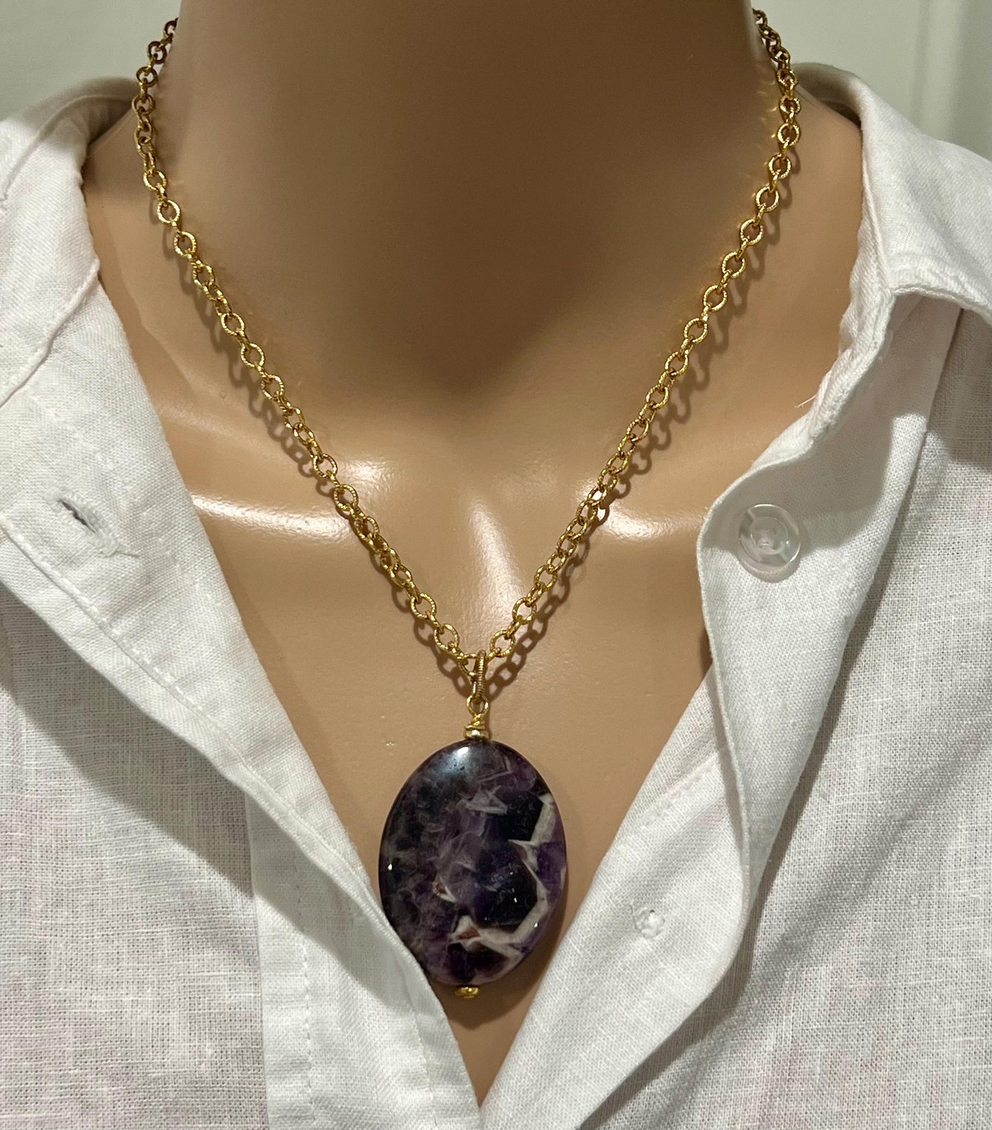 Gold Classic Textured Cable Chain Necklace with Large Chevron Amethyst Pendant  Layering Statement Necklace Purple and Gold Necklace